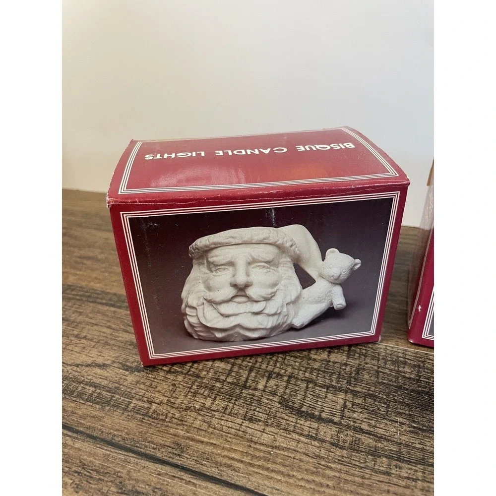 Vintage Lot of 3 Bisque Candle Light Christmas Santa Claus in Boxes Unpainted